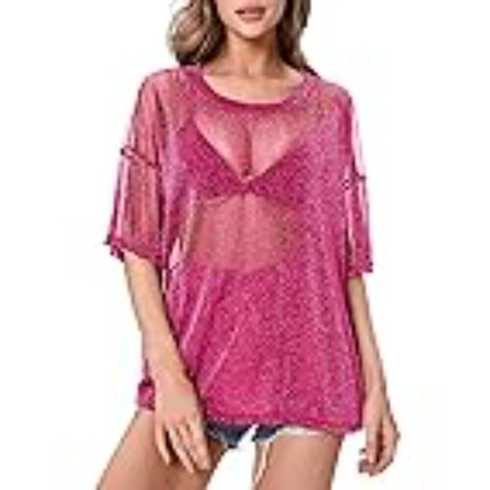 Oversized Pink Mesh Sheer See Through Shimmer Top Size M